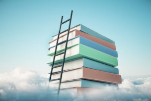 Abstract book stack with ladder on sky with clouds background. Education and growth concept. 3D Rendering
